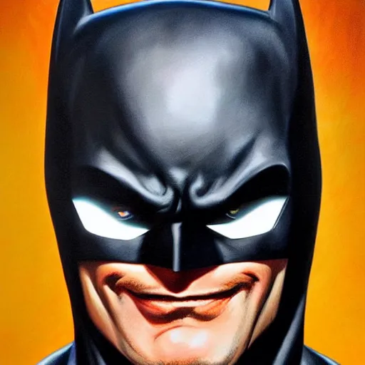 Image similar to An ultra-realistic portrait painting of Batman smiling in the style of Alex Ross. 4K. Ultra-realistic. Highly detailed. Epic lighting.