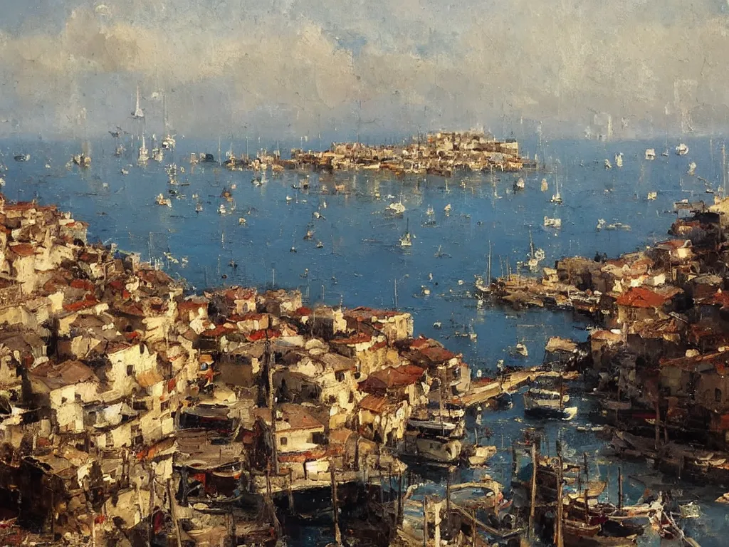 Image similar to a detailed, precise oil painting of a beautiful Mediterranean fishing village by Jeremy Mann,