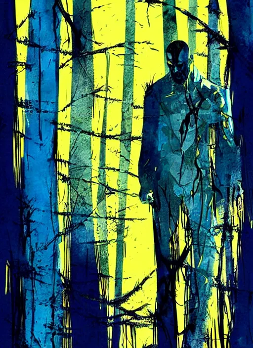 Prompt: horror art, jason statham vampire hunter, blue and gold trees in the background, art by jock