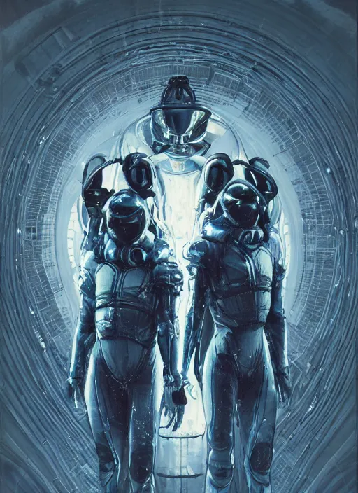 Image similar to astronauts in dark void underwater - complex and hyperdetailed technical suit. reflection and dispersion materials. rays and dispersion of light. volumetric light. f / 3 2. noise film photo. flash photography. ultra realistic, wide angle. poster by wayne barlowe, hajime sorayama aaron horkey, craig mullins