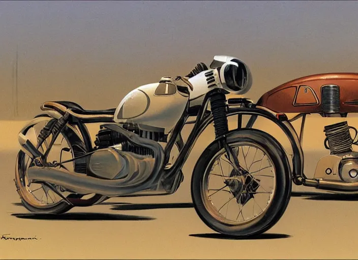 Prompt: 1 9 5 0 s scrambler, 1 9 6 0 s cafe racer. classic ralph mcquarrie star wars concept art. by ryan church ralph mcquarrie, star wars