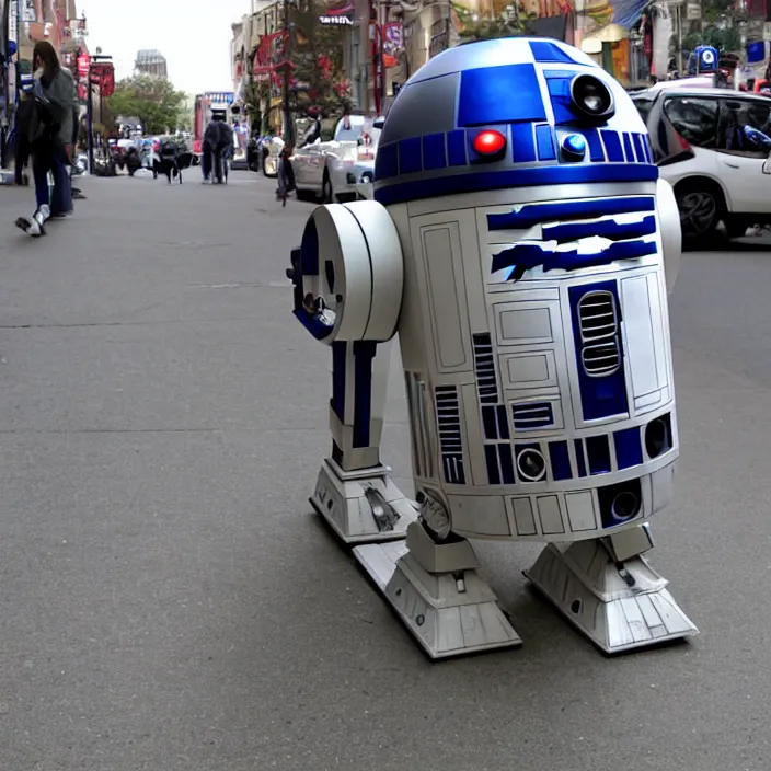 Image similar to r 2 d 2 walking around town with arms and legs