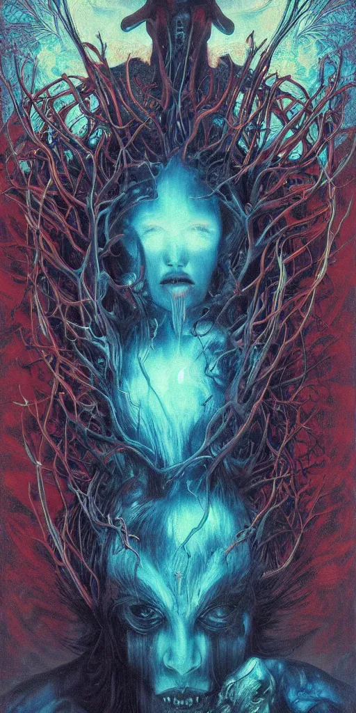 Image similar to intense snarling screaming glowing pagan god with ram horns and veins and intense glowing eyes in very dark forest by karol bak and beksinski and alphonse mucha, portrait, fantasy, clear, light beams, lens flare, intense, uhd, red and teal and shining polished gold, amazing depth, cinematic lighting