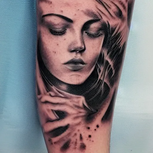 Prompt: a tattoo design of a beautiful girl face faded in a mountain scenery, in the style of den yakovlev, hyper - realistic, amazing detail