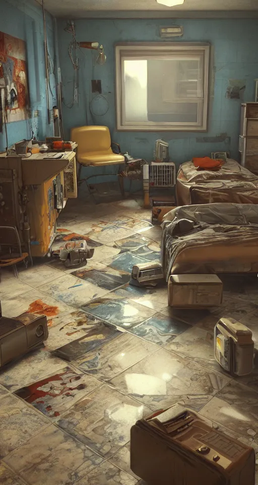 Image similar to artstation scifi scene of a shabby american room in 1 9 7 0 s, shabby room, old tv, tile floor, cabinets, cot, paneled walls, unreal engine 5, hyper realism, realistic shading, cinematic composition, blender render, octane render, hdr, detailed textures, photorealistic, wide shot