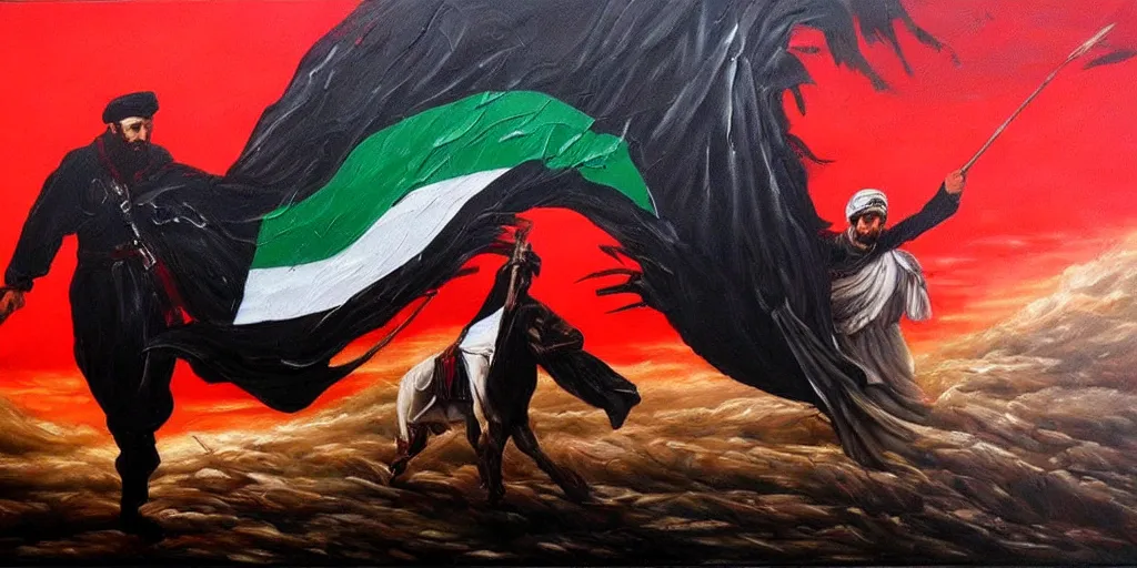 Image similar to dramatic epic dark oil painting of freedom for palestine, red green white black