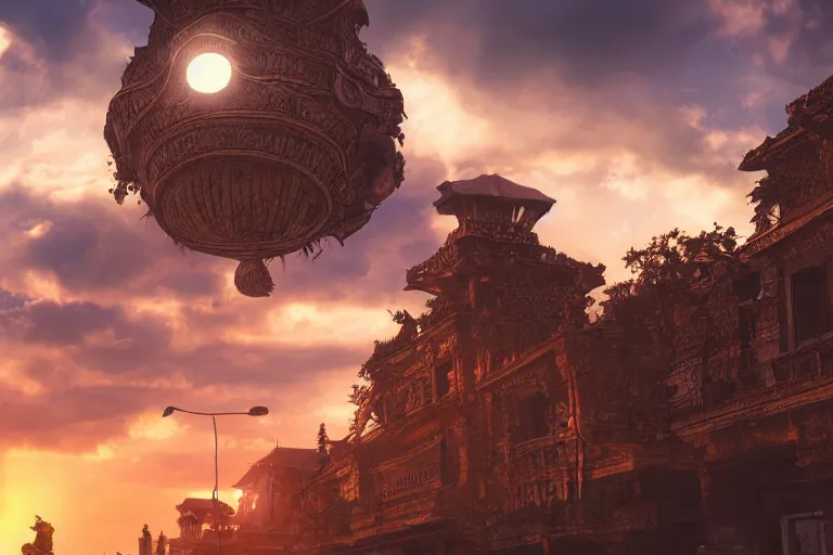 Image similar to the most amazing dream you ever had about indonesian city with 2 suns in the clody sky, hyper realistic, ambient lighting, concept art, intricate, hyper detailed, smooth, dynamic volumetric lighting, octane, cinematic