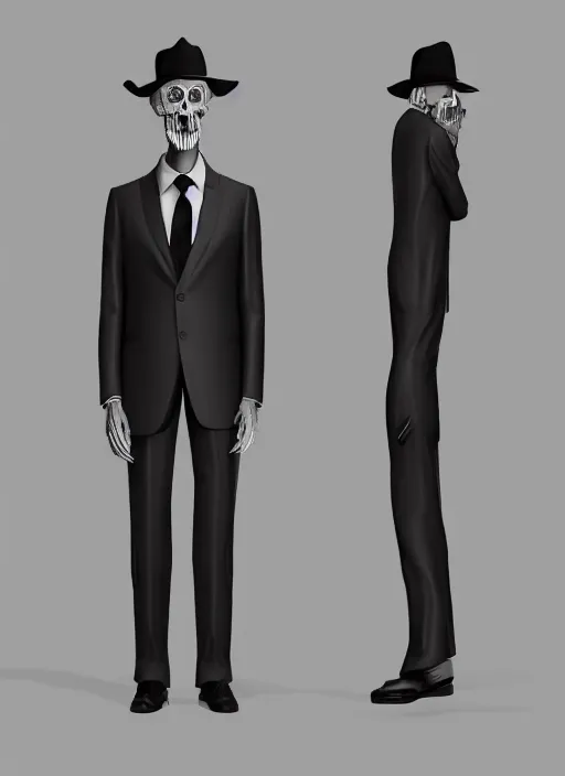 Image similar to full length portrait of skinny old man with parchment colored boney head, wearing a black high necked suit with patched elbows 8 k realistic hyper detailed artstation concept art