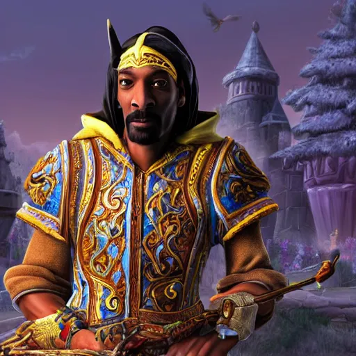 Image similar to snoop dogg riding a horse in stormwind city, warcraft