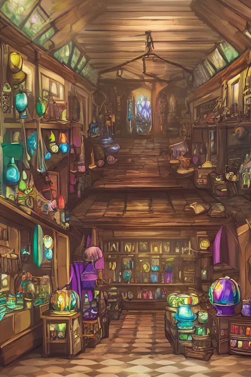 Image similar to inside a magical item shop, fantasy potion vendor interior, ufotable studio art style, wide angle, gothic interior