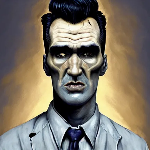 Image similar to portrait of a slim and handsome morrissey as a zombie with a large quiff and thick eyebrows, 7 days to die zombie, fine art, award winning, intricate, elegant, sharp focus, cinematic lighting, digital painting, 8 k concept art, art by z. w. gu, art by brom, art by michael hussar, 8 k