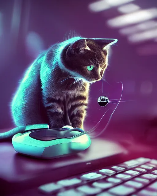 Prompt: a cat eating a computer mouse, cyberpunk, digital art, 8 k, trending on artstation