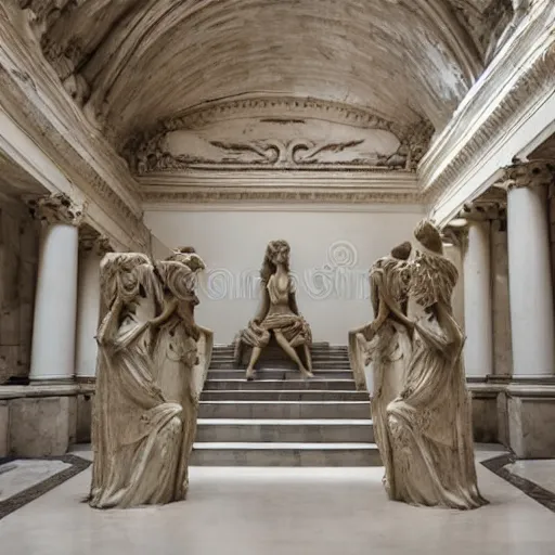 Prompt: greek architecture musem interior, with a sculpture of melting goddess made with concrete, off-white interior, stairs in the background, intricate details, photo realistic, vintage