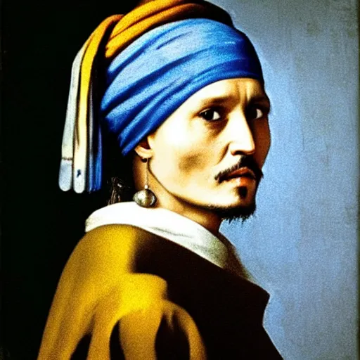 Prompt: Johnny Depp with a pearl earring by Johannes Vermeer