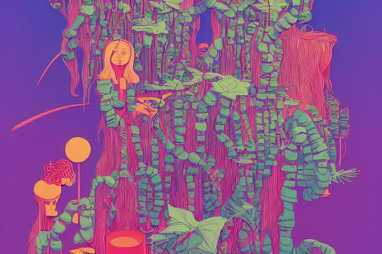 Image similar to gigantic girl faces, tiny robots, a lot of exotic vegetation around, risograph!, colorful flat surreal design, super - detailed, a lot of tiny details, fullshot, by luigi serafini and moebius