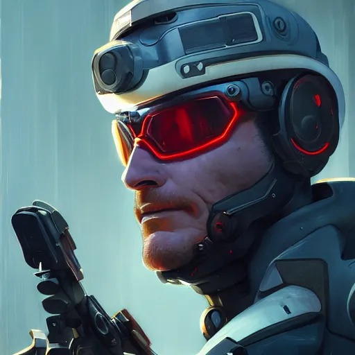 Image similar to science-fiction character portrait of Soldier 76 from Overwatch, wearing cybernetic visor, dystopian mood, intricate, wild, highly detailed, digital painting, artstation, upper body, concept art, smooth, sharp focus, illustration, art by artgerm and greg rutkowski and alphonse mucha