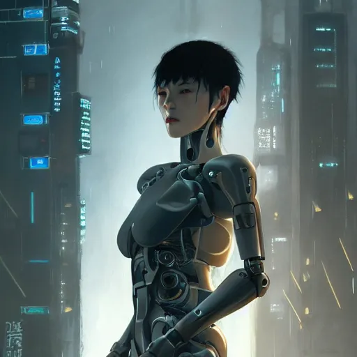 Prompt: concept art of a japanese cyborg, finely detailed features, cyborg robot parts, futuristic vr headset, blade runner, dramatic cinematic, at cyberpunk city, ghost in the shell, akira, odeo, cinematic lighting, in danger, noir, trending on pixiv fanbox, painted by greg rutkowski, makoto shinkai, takashi takeuchi