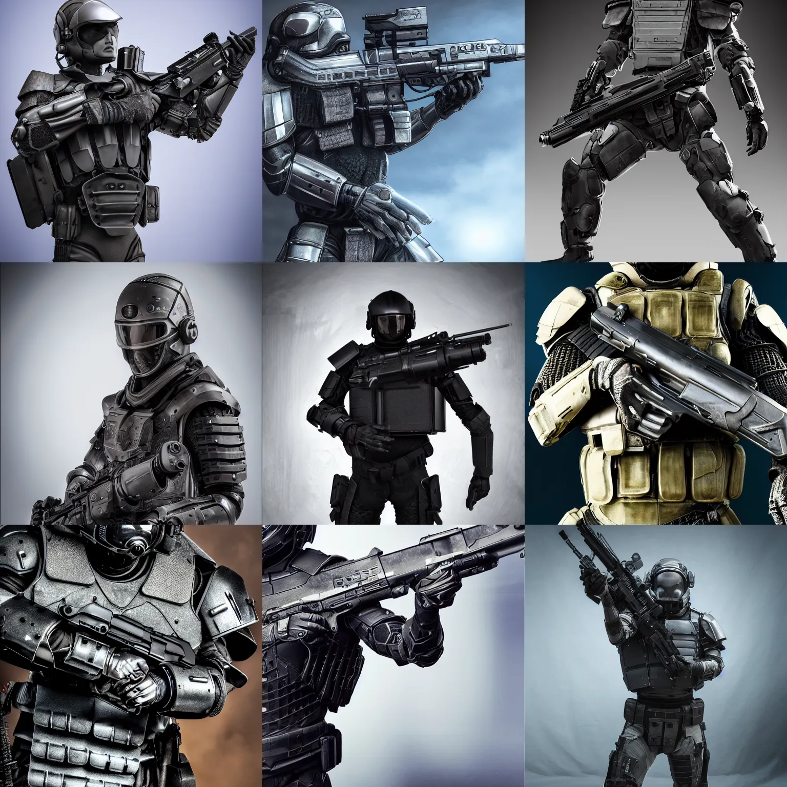 Prompt: 2040 sci-fi SWAT armor concept, professional photography, close-up detail, armed pose, 4k