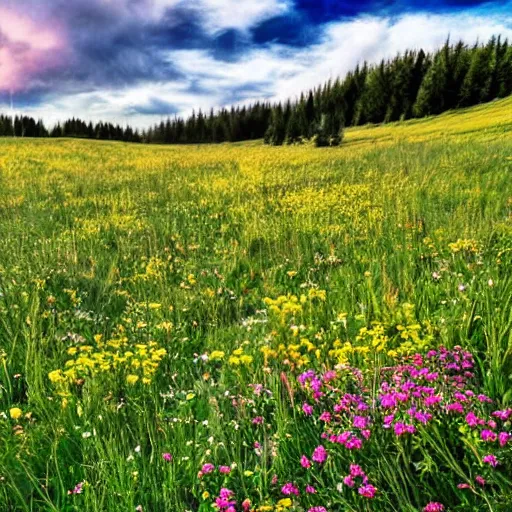 Image similar to An idyllic meadow, with wildflowers blooming and a gentle breeze blowing, peaceful and serene.