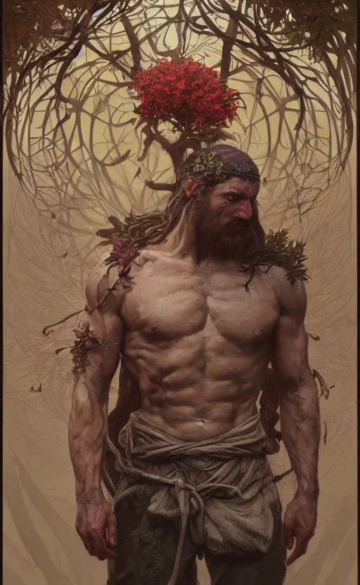 Image similar to god of the forest, 3 0 years old, rugged, male, gorgeous, detailed face, amazing, full body, flowers, muscular, intricate, highly detailed, digital painting, artstation, concept art, sharp focus, illustration, art by greg rutkowski and alphonse mucha