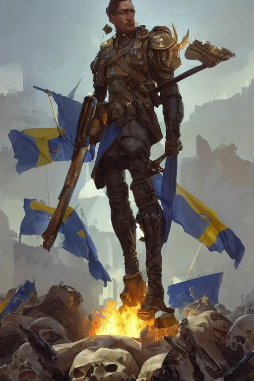 Prompt: A modern super soldier with a blue and yellow flag behind him is standing on a pile of skulls, D&D, fantasy, painted character portrait, highly detailed, digital painting, artstation, concept art, sharp focus, illustration, art by artgerm and greg rutkowski and alphonse mucha