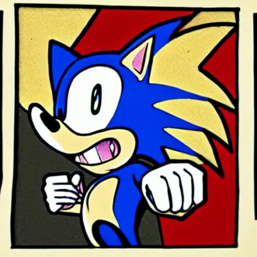 Prompt: a terrifying flat cel shaded drawing of sonic the hedgehog, creepypasta, silent hill, atmospheric, upside-down