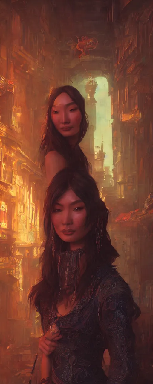 Image similar to portrait of gemma chan tavern bard, intricate face, sad expression, sweat, narrow dark streets with exotic dancers, vaporwave aesthetics, 8 k uhd, unreal engine, octane render in the artstyle of finnian macmanus, john park and greg rutkowski