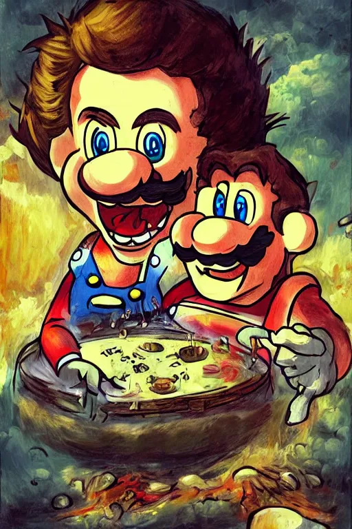 Image similar to mario eating kinopio in the style of saturn devouring his son, goya art, canvas painting, digital art, extremely detailed, photoshop, devouring, cannibalism, swallowing, humanoid mushroom