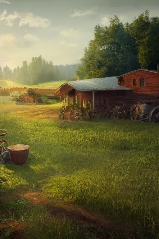 Prompt: finnish farm, summer, open wide, epic, cinematic, elegant, highly detailed, featured on artstation