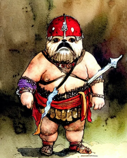 Prompt: a realistic and atmospheric watercolour fantasy character concept art portrait of a fat adorable chibi shih tzu roman centurion in a roman temple, by rebecca guay, michael kaluta, charles vess and jean moebius giraud