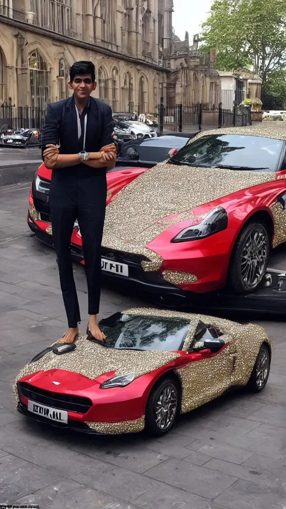 Prompt: rishi sunak completely blinged out, next to a sports car in mayfair