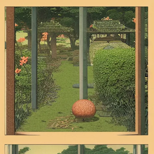 Image similar to a portal in a mysterious garden filled with spherical plants, artwork by Hasui Kawase, trending on art station