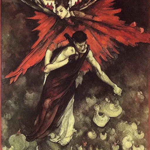 Image similar to aesthetically pleasing image of the whitewinged angel of death wearing a crimson and black robe descending on the lonesome faceless phantoms in their graves paul cezanne arthur rackham norman rockwell oil painting