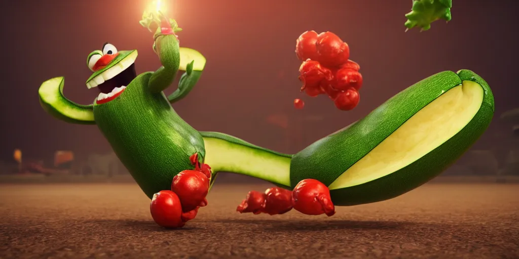 Image similar to detailed 3 d render of a furious zucchini character chasing down a frantic tomato, concept, high speed action, martial arts, explosions, bloody knife, dramatic scene, hyper realistic octane render, cinematic lighting, deviantart, pop - surrealism, lowbrow, frame from independent pixar movie