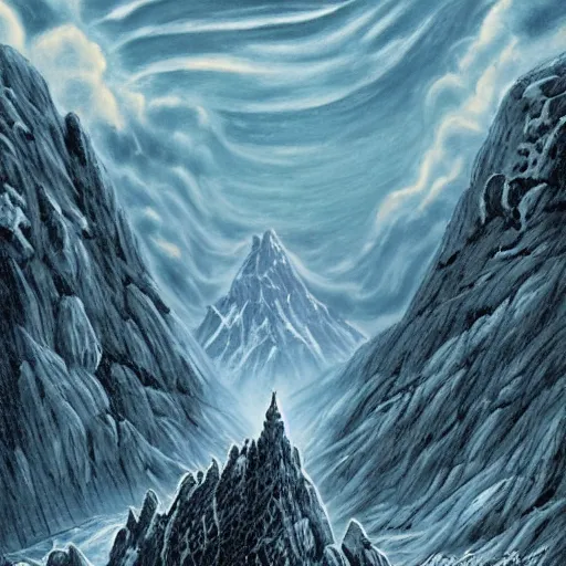 Prompt: Lord of the Rings cover art of the misty Mountains with the shadow of a forked tower over them in the style of J.R.R Tolkien