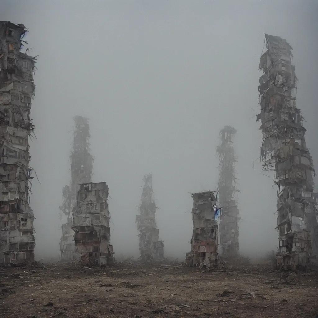 Image similar to two towers, made up of makeshift squatter shacks with faded colours, uneven dense fog, dystopia, mamiya, f 1 1, fully frontal view, photographed by jeanette hagglund