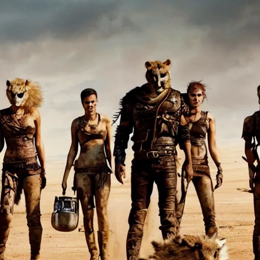 Prompt: a film still from the movie mad max fury road of the anthropomorphic anthro cheetah raiders wearing scavenger clothes standing in the post apocalyptic wasteland