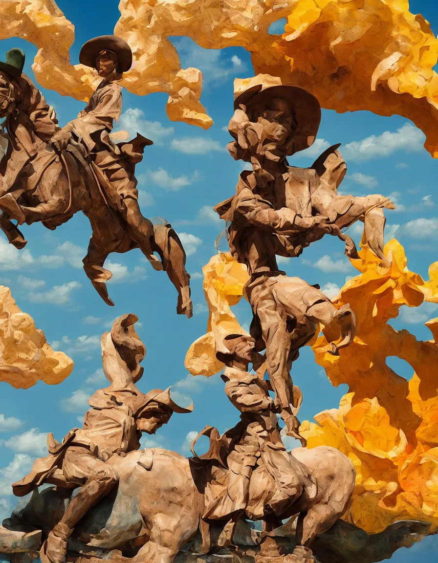 Image similar to a cowboy turning into blooms by slim aarons, by zhang kechun, by lynda benglis, by frank frazetta. tropical sea slugs, angular sharp tractor tires. bold complementary colors. warm soft volumetric light. national geographic. 8 k, rendered in octane, smooth gradients. a manly cowboy riding by edward hopper. sculpture by antonio canova.