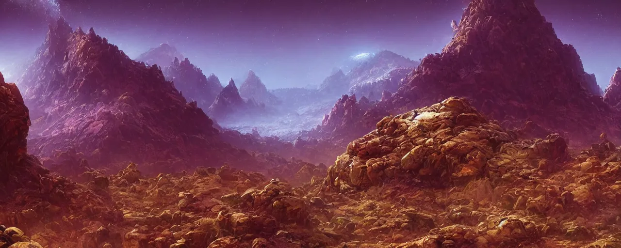 Image similar to ” outer planet with a rugged mountain range, [ art by paul lehr, cinematic, detailed, epic, widescreen, opening, establishing, mattepainting, photorealistic, realistic textures, octane render ] ”