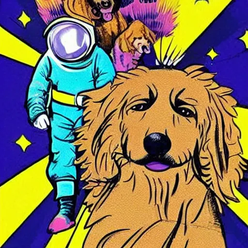 Prompt: a golden retriever and a raccoon dressed as crazy superheroes scientists on an adventure in space, 1960s psychedelic style, photorealistic