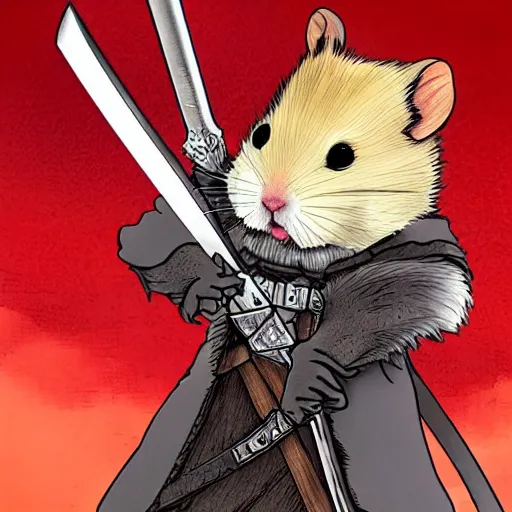 Image similar to a hamster holding a sword in the style of Berserk manga