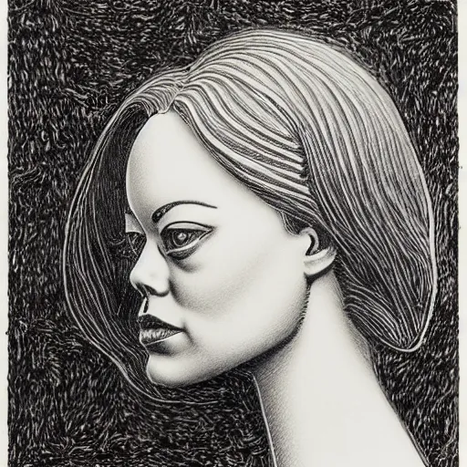 Image similar to detailed etching of emma stone, etching on metal, by mauritius escher