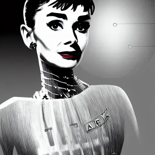 Prompt: portrait of audrey hepburn as a robot highly detailed digital painting art station cyberpunk