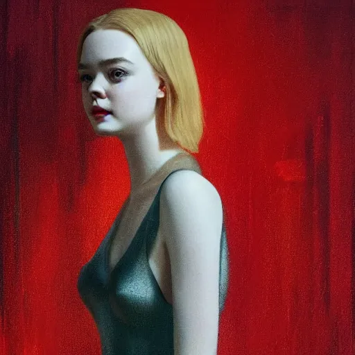 Prompt: Elle Fanning in the style of Paola Vetri, head and shoulders portrait, stormy weather, extremely detailed masterpiece, oil on canvas, low-key neon lighting, artstation, Blade Runner 2049, Roger Deakin’s cinematography, by J. C. Leyendecker and Peter Paul Rubens and Edward Hopper and Michael Sowa,