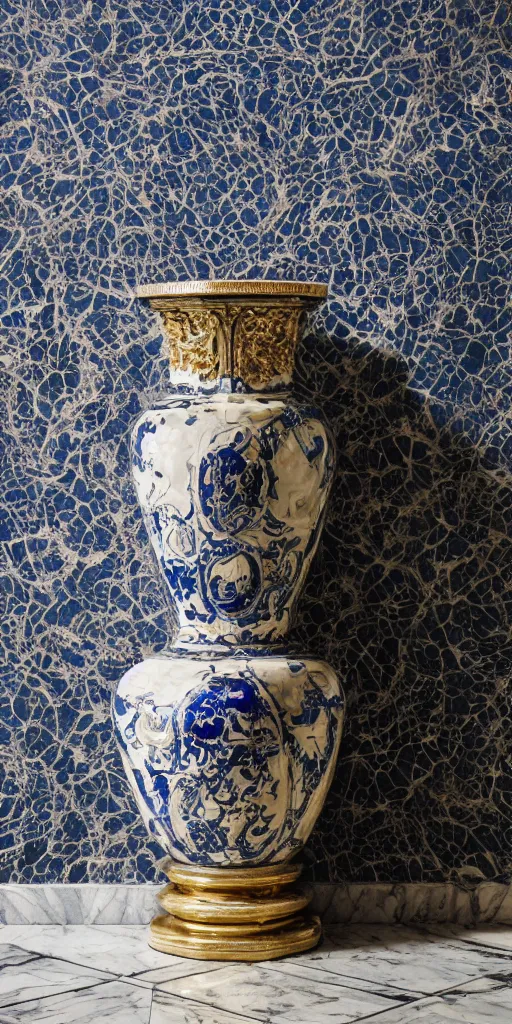 Prompt: an ornate baroque vase breaking on the marble tile floor, exploding into dust, dark - blue light - blue gold silver white black beige, volumetric dust rays, intricate detail, ultra realistic, cinematic lighting, moody, wet, shiny