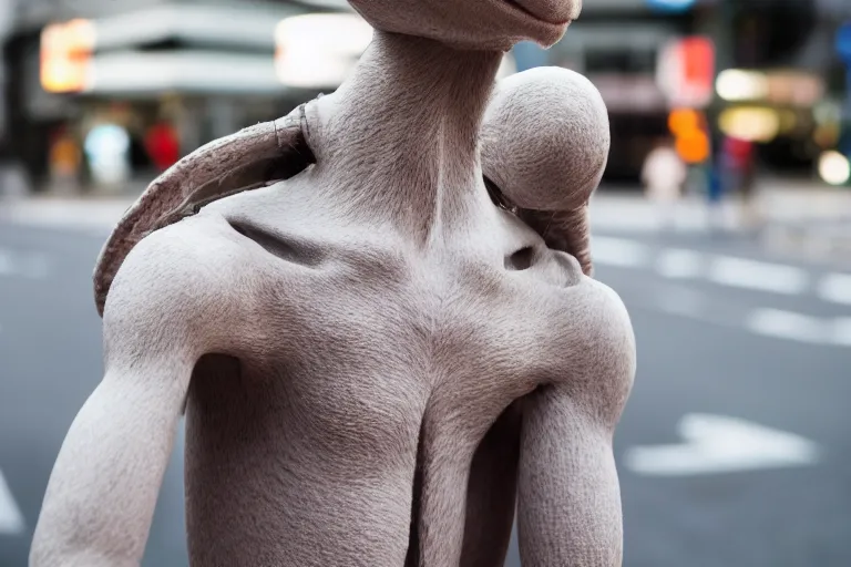 Image similar to closeup potrait of humanoid Mewtwo at a crosswalk in Tokyo, natural light, sharp, detailed face, magazine, press, photo, Steve McCurry, David Lazar, Canon, Nikon, focus