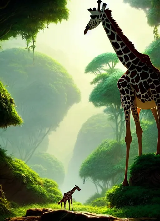 Image similar to a wholesome animation key shot of a giraffe, jungle in the background, studio ghibli, pixar and disney animation, sharp, rendered in unreal engine 5, anime key art by greg rutkowski, bloom, dramatic lighting