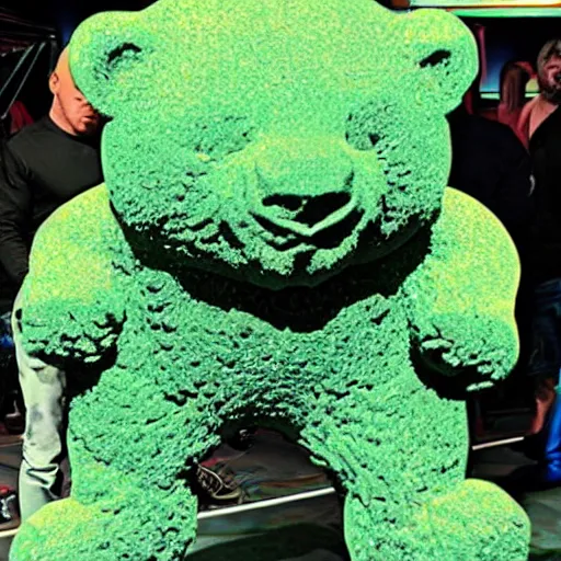 Prompt: joe rogan fighting a life sized gummy bear