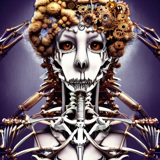 Prompt: surreal manga anime photo portrait of complex bio-mechanical beautiful young female skeletal cyborg with a Mandelbrot fractal steampunk metal skull face, Disney, retrofuturistic depressing, floral foliage, rococo, steampunk, 8k