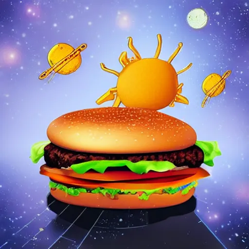 Prompt: a dream of time gone by, where I was eating burgers and not so hungry, realistic, out of this world, alien, sleepy, on a mini world, the little prince from outer space, n-6 W-1024, colorful, gangly, dream, vial of stars
